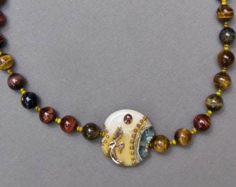 Handmade Lampwork Tiger's Eye Necklace with Silver Clasp