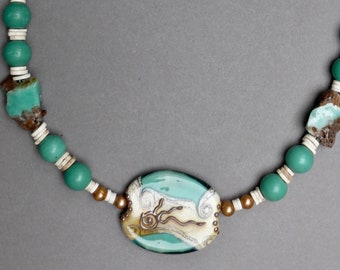 Lampwork Focal Bead Necklace: African Glass, Ostrich Heishi & Chrysocolla