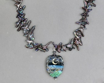 Lampwork Tree Pendant Necklace: Iridescent Pearl & Pewter Snake Clasp