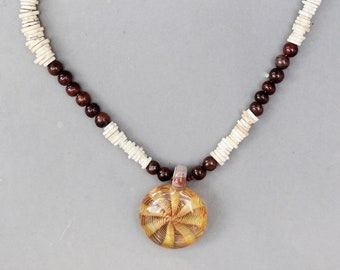 Lampwork "Man in a Maze" Pendant Necklace: Ostrich Heishi & Carnelian Beads