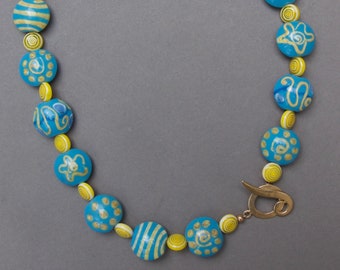 Blue Lampwork Necklace: Graphic Yellow Design, Gold Toggle Clasp