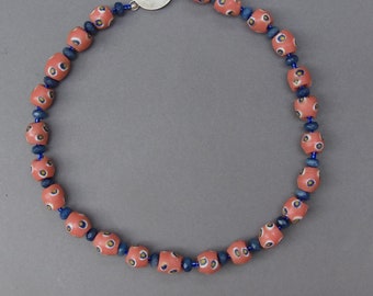 Pink African Trade Bead Necklace: Faceted Sapphires, Handmade Silver Clasp