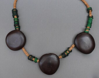 Sea Bean Necklace: Wood & Green Dogon Beads, Sterling Clasp