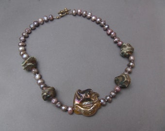 Baroque Pearl Necklace with Murano Glass Bead - Lavender 20 inch