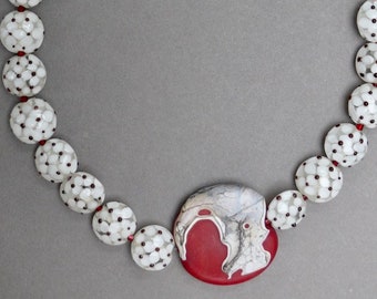 Handmade Lampwork Bead Necklace: Red & White Focal Bead