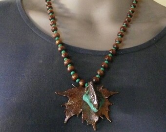 Chrysocolla Copper Maple Leaf Necklace: Czech Glass Accent