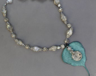 Roman Glass Necklace: Copper Bhodi Leaf, Czech Glass Beads