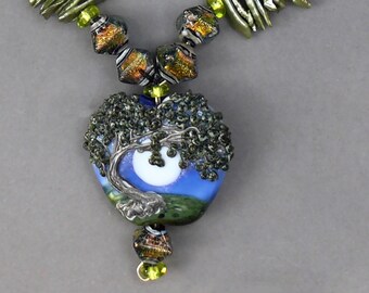 Lampwork Moon Tree Necklace: Green Pearl Pendant