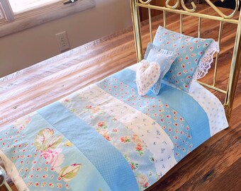 Blue and White Doll Bedding, 18" Doll Bedding for AG Doll, 4 Piece Doll Bedding, Girl Christmas Gift, Pretend Play, AG Girl Items