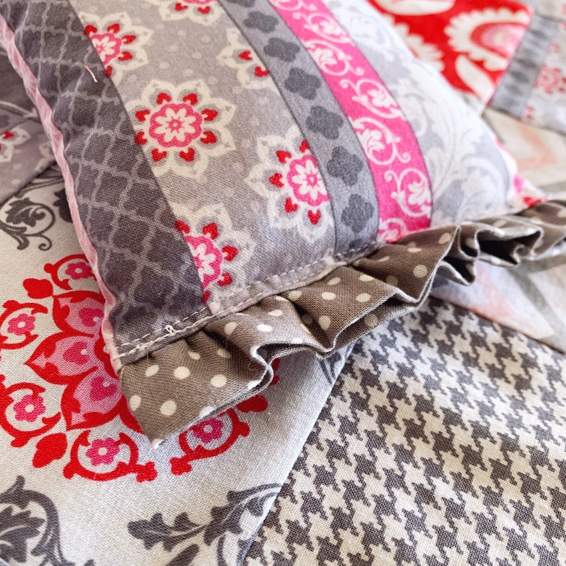 Patchwork Doll Quilt Set 18 Doll Bedding in Gray and Red Girl Christmas Gift Pink and Gray Doll Bedding for AG Doll Handmade Ready to Sh