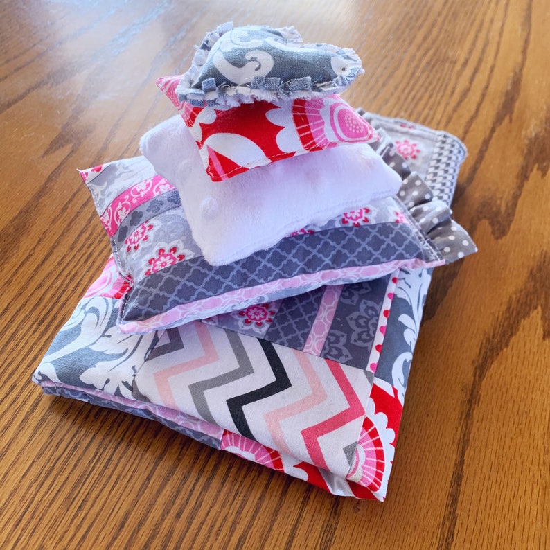 Patchwork Doll Quilt Set 18 Doll Bedding in Gray and Red Girl Christmas Gift Pink and Gray Doll Bedding for AG Doll Handmade Ready to Sh