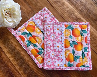Floral Potholders with Oranges, Pink Daisy Fabric Hotpads, Set of Two, Mothers Day Gift, Pink Kitchen, Housewarming Gift, Retro Kitchen