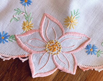 Vintage Embroidered Doily, Peach, Blue and Yellow Dresser Scarf, Table Topper, Shabby Chic Decor, Granny Chic Embroidered Table Doily