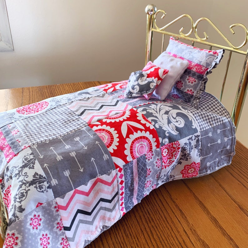 Patchwork Doll Quilt Set 18 Doll Bedding in Gray and Red Girl Christmas Gift Pink and Gray Doll Bedding for AG Doll Handmade Ready to Sh