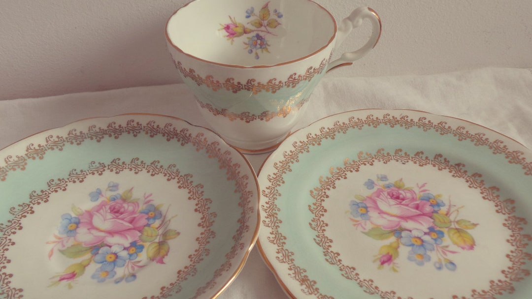 Very Pretty Vintage Harrowby Aqua Blue Floral China Tea Set Trio With