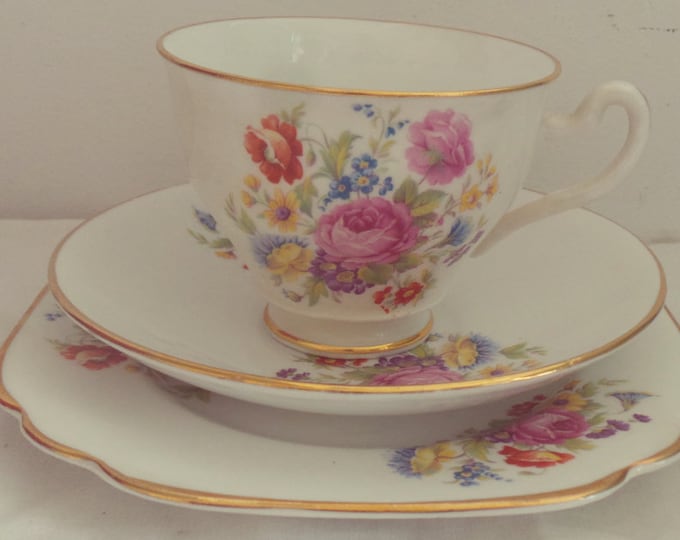 Very Pretty Vintage Clare Floral English Bone China Tea Set trio, afternoon tea, vintage tea set