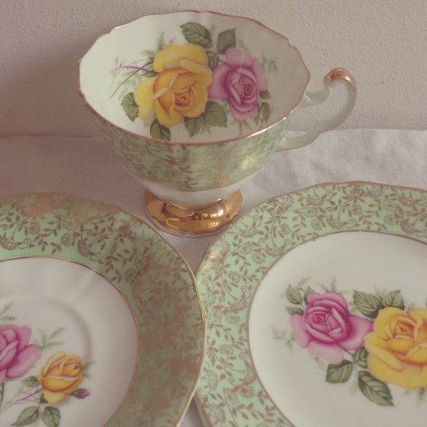 Vintage Imperial Green Floral English Bone China Tea Set Trio for One. Perfect for a Tea Party, afternoon tea