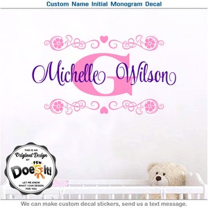 Custom Name Decal, Girl Monogram Initial Letter Vinyl, Wall Art Decor, Heart 039