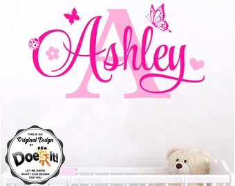 Custom Name Decal, Girl Monogram Initial Letter Vinyl, Wall Art Decor, Heart 034