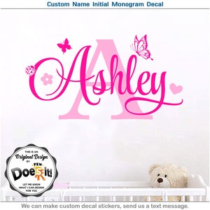 Custom Name Decal, Girl Monogram Initial Letter Vinyl, Wall Art Decor, Heart 034