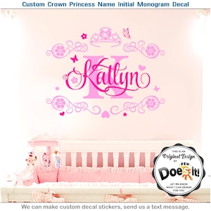Custom Name Crown Princess Monogram Art Wall Sticker Nursery Baby Girl Decal 176