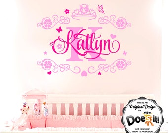 Custom Name Crown Princess Monogram Art Wall Sticker Nursery Baby Girl Decal 176