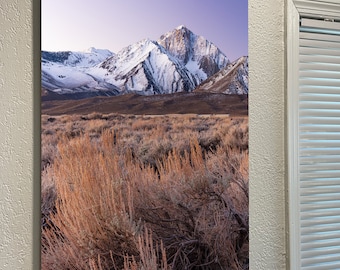 May include: A rectangular canvas print of a mountain landscape. The image features a snow-capped mountain range under a purple sky, with a foreground of dry brush and grasses. The print is mounted on a white wall.