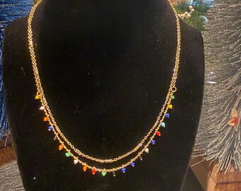 Gold Layered Necklace: Boho Rainbow Bead Charm, Dainty Chain Jewelry