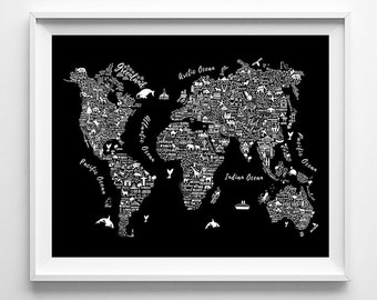 Typography Map, World Map Print, Map Poster, Typography Decor, Office Decor, Travel Poster, Home Decor, Kids Room, Type 3, Valentines Day