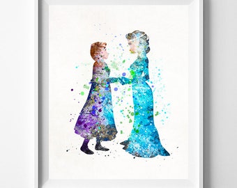 Frozen Watercolor, Elsa Art, Elsa Poster, Disney Poster, Elsa Print, Elsa and Anna Print, Playroom Wall Art, Type 1, Christmas Gift