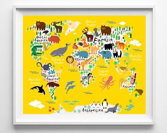 Baby Room Poster, Animal World Map Poster, World Map Art, Animal Print, Animal Nursery Decor, Kids Room Decor, Type 2, Christmas Gift