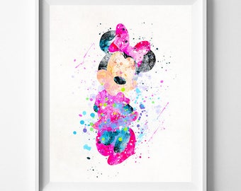 Minnie Mouse Print, Minnie Mouse Art, Minnie Aquarelle, Affiche Disney, Décoration intérieure, Art mural pour enfants, Impressions d’art, Type 2, Cadeau de Noël