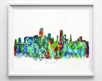 Miami Skyline Print, Watercolor Art, Florida Poster, Giclee Art, Florida Wall Art, Cityscape, Home Decor, Wall Decor, Christmas Gift