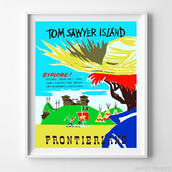 Vintage Walt Disney, Disney Vintage, Disneyland Vintage, Disney Poster, Tom Sawyer Print, Tom Sawyer Island, Frontierland, Valentines Day