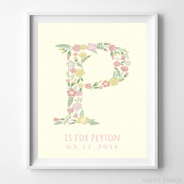 Personalized Art, Personalize Monogram, Floral Monogram, Penelope, Pamela, Patricia, Pandora, Paige, Peyton, Flower Art, Christmas Gift