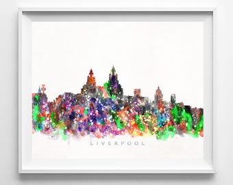 Liverpool Skyline Print, England Print, Liverpool Poster, England Cityscape, Art, City Skyline, Watercolor Painting, Christmas Gift