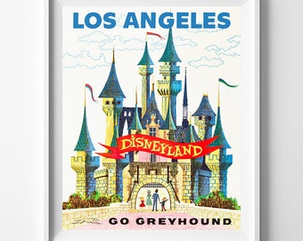 Vintage Disneyland, Go Greyhound Print, Disneyland Poster, Los Angeles, Disney Castle, Vintage Print, Home Decor, Giclee, Valentines Day