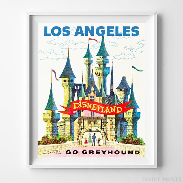 Vintage Disneyland, Go Greyhound Print, Disneyland Poster, Los Angeles, Disney Castle, Vintage Print, Home Decor, Giclee, Valentines Day