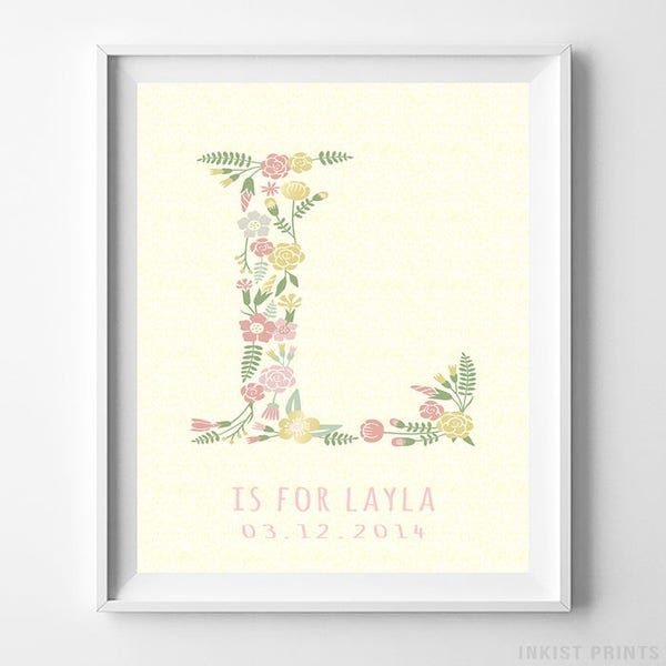 Children Room, Baby Art Print, Baby Artwork, Lilly, Lea, Lorraine, Lara, Lori, Lyla, Nursery Name, Monogram Alphabet, Christmas Gift