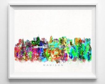 Madison Skyline, Print, Watercolor Painting, Wisconsin Art, Cityscape, Giclee Art, City Painting, Wall Art, Home Decor, Christmas Gift