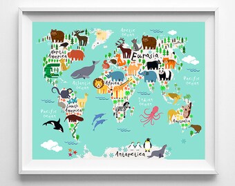 Animal Nursery Art, Animal World Map Poster, World Map Art, Animal Print, Presents, Art Poster, InkistPrints, Type 6, Christmas Gift