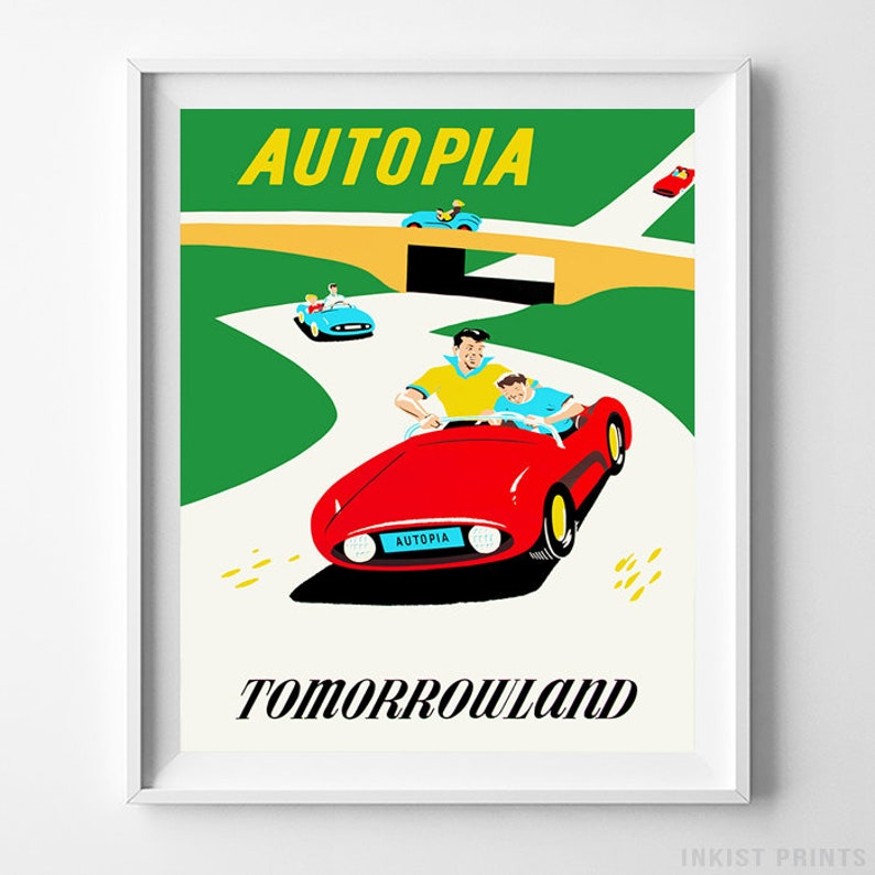 Disneyland Print, Disneyland Vintage, Autopia, Disney Poster, Autopia Print, Tomorrowland, Reproduction, Disneyland Art, Christmas Gift image 1