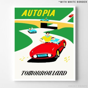 Disneyland Print, Disneyland Vintage, Autopia, Disney Poster, Autopia Print, Tomorrowland, Reproduction, Disneyland Art, Christmas Gift With White Border