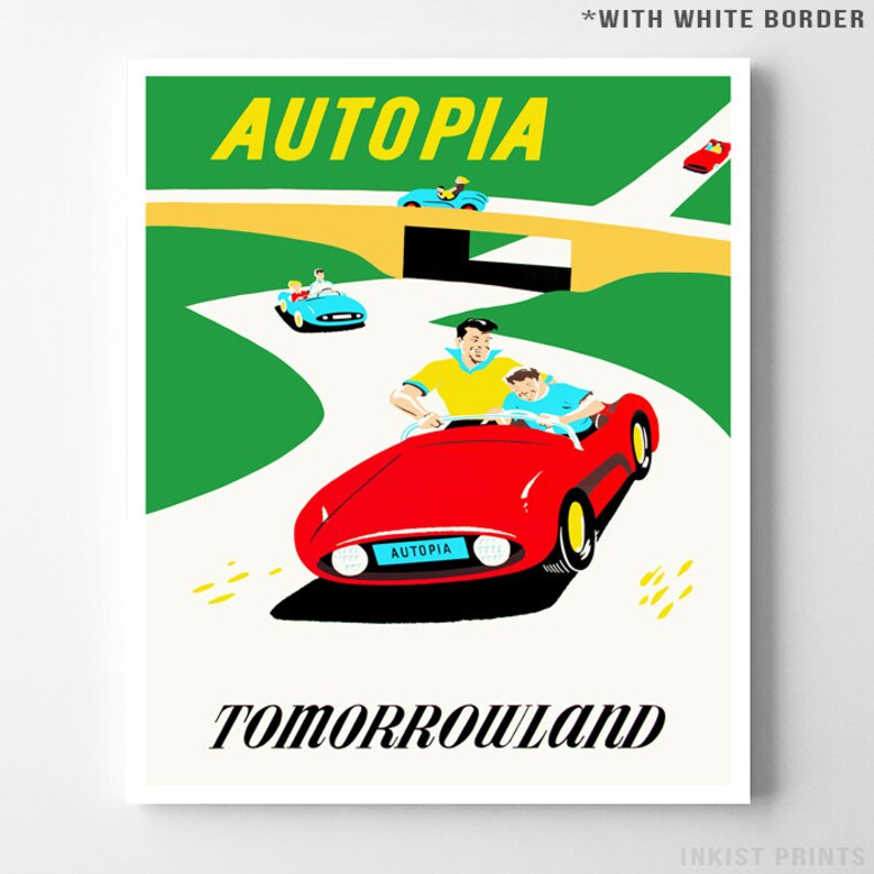 Disneyland Print, Disneyland Vintage, Autopia, Disney Poster, Autopia Print, Tomorrowland, Reproduction, Disneyland Art, Christmas Gift With White Border