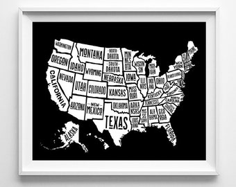 Typography US Map, Map Print, Map Art, Typography Art, United States, Nursery Decor, Travel Souvenir, Room Decor, Christmas Gift