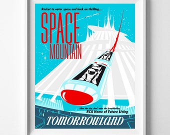 Disneyland Vintage, Disney Poster, Disneyland Print, Space Mountain, Disney, Tomorrowland, Fantasyland, Reproduction, Christmas Gift