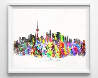 Shanghai Skyline, Print, Watercolor, China Poster, Chinese Art, Watercolor Painting, Cityscape, Wall Art, Home Decor, Christmas Gift