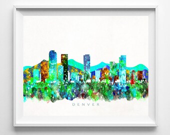 Denver Skyline Print, Colorado Print, Denver Poster, Colorado Cityscape, Watercolor Painting, City Skyline, Wall Decor, Christmas Gift