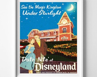 Disney Poster, Disneyland Print, Disneyland Art, Under Starlight, Date Nite, Disneyland Vintage, Disneyland Poster, Artwork, Valentines Day