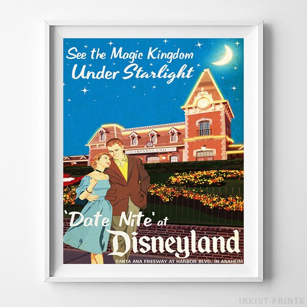 Disney Poster, Disneyland Print, Disneyland Art, Under Starlight, Date Nite, Disneyland Vintage, Disneyland Poster, Artwork, Valentines Day